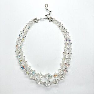 Vtg AB Aurora Borealis Crystal Double Strand Faceted Bead Necklace w Hook Clasp